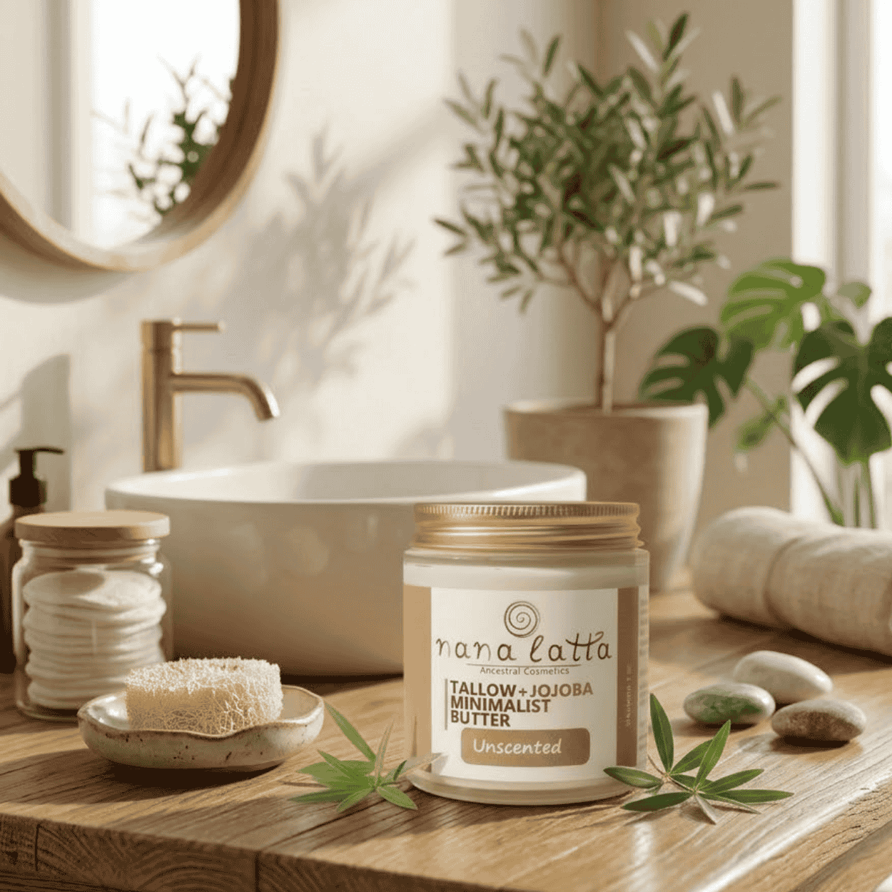 Produktová fotografie ve světlých přírodních tónech zobrazuje sklenici minimalistického lojového másla bez vůně Tallow + Jojoba Minimalist Butter Unscented na dřevěné desce v koupelně.